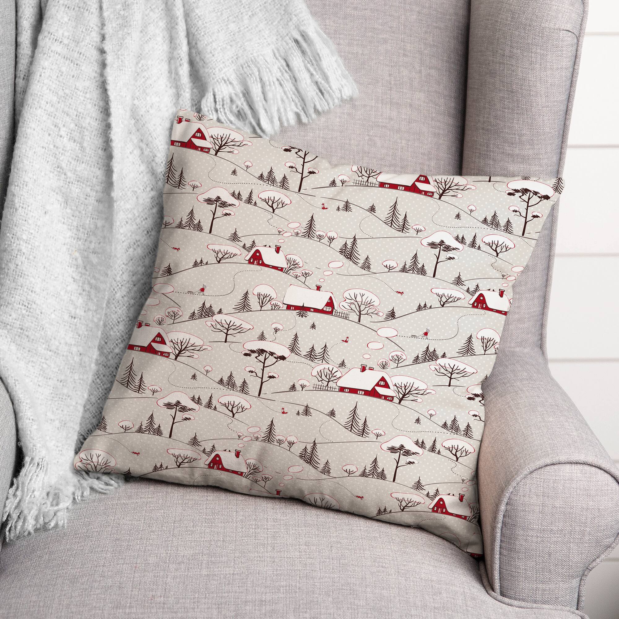 Snowy Village 18x18 Throw Pillow
